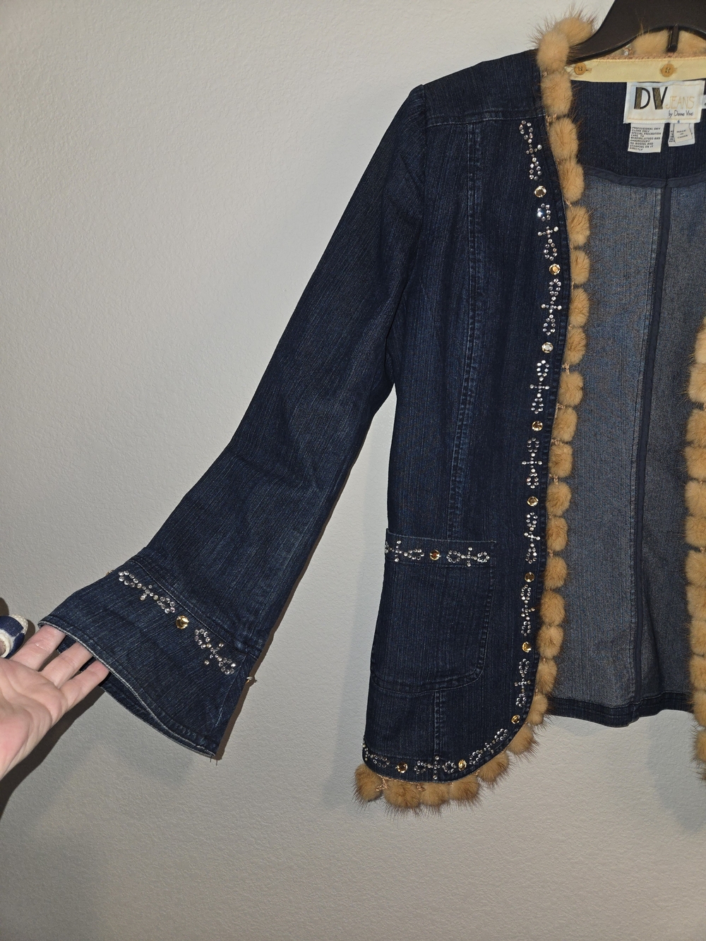 Vintage DVF Embellished Dark Blue Denim Jacket with Fur Trim Funky Boho Chic